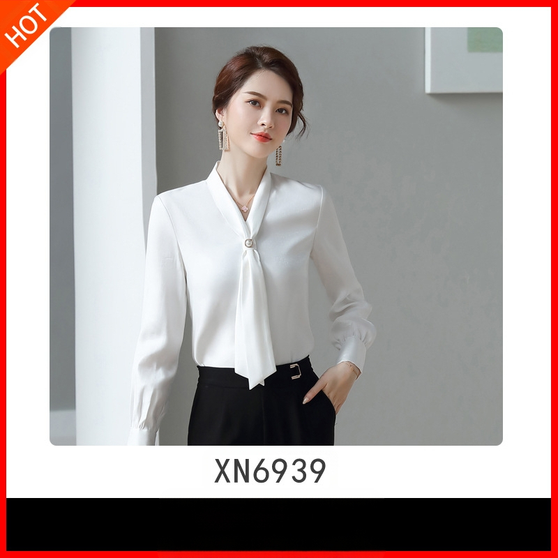 2019 Új Őszi Divatos Avokádó Zöld Sifon Női Hosszú Ujjú V-nyakú, Bőrtakaró, Minden Méretre Egyező Western Stílusú Nyakkendős Ing