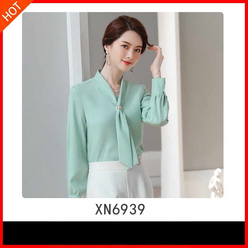 2019 Új Őszi Divatos Avokádó Zöld Sifon Női Hosszú Ujjú V-nyakú, Bőrtakaró, Minden Méretre Egyező Western Stílusú Nyakkendős Ing