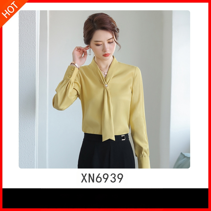 2019 Új Őszi Divatos Avokádó Zöld Sifon Női Hosszú Ujjú V-nyakú, Bőrtakaró, Minden Méretre Egyező Western Stílusú Nyakkendős Ing