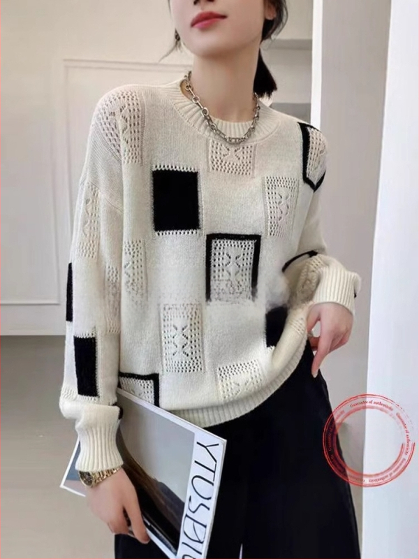 2025-ös őszi új, színben illő, kockás mintás, kerek nyakú, stylist pulóver, női top, Instagram divat