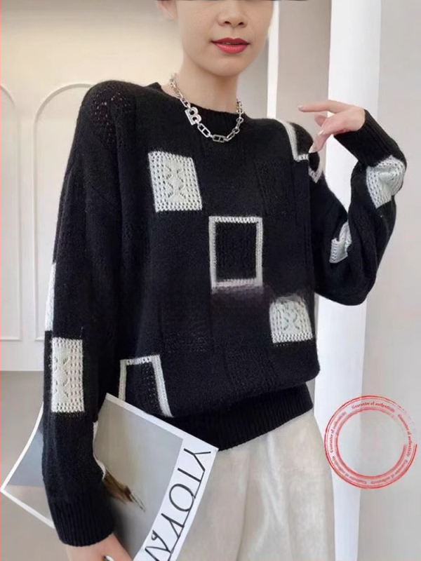 2025-ös őszi új, színben illő, kockás mintás, kerek nyakú, stylist pulóver, női top, Instagram divat