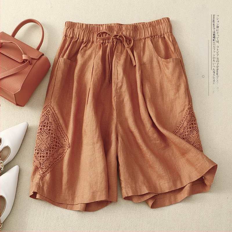 Real shot 2025 nyári új pamut és lenvászon lezser nadrág, női csipkevarrásos bő nadrág, plus size vékony rövidnadrág