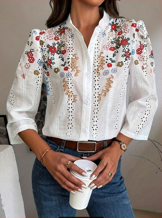 2025 tavaszi új retró mintás ing, friss, romantikus és gyengéd stílus, sokoldalú állógalléros ing