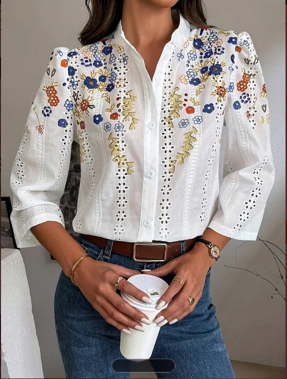 2025 tavaszi új retró mintás ing, friss, romantikus és gyengéd stílus, sokoldalú állógalléros ing