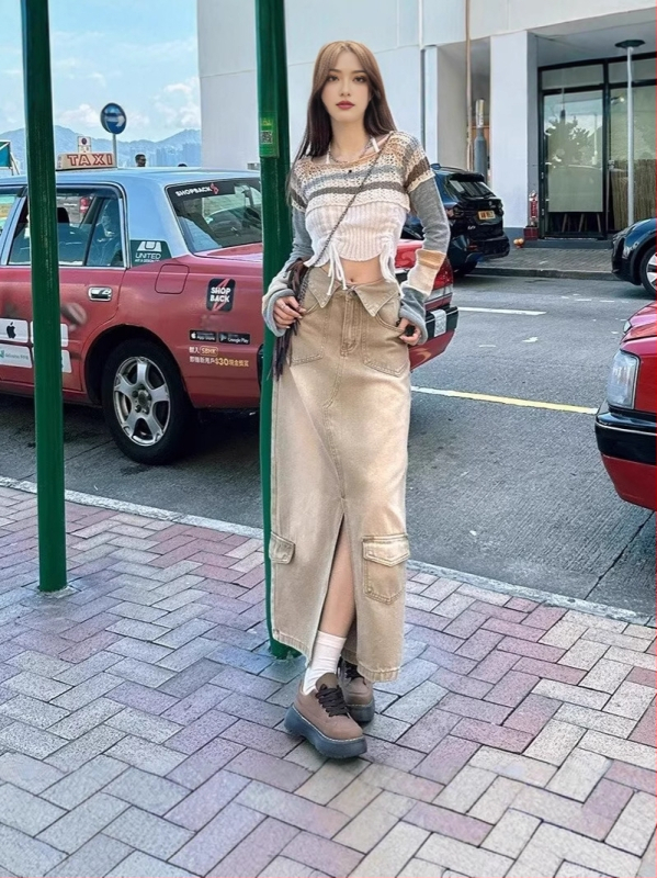 Hasított farmerszoknya, retró, magas derekú A-vonalú szoknya, laza és sokoldalú, karcsúsító, nyári fazon, divatos hosszú szoknya