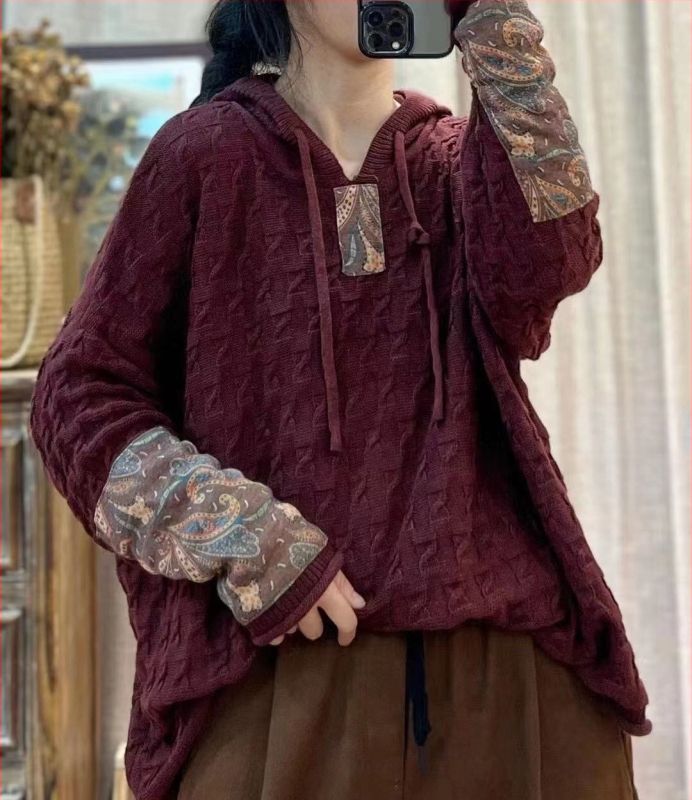 Húzózsinóros Kapucnis Pamut Kötött Pulóver Női Laza Húsdarabos Tavaszi és Őszi Új Retro Művészi Hétköznapi Hosszú Ujjú Felső