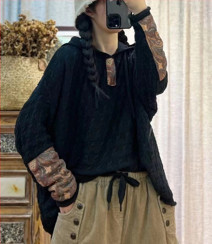 Húzózsinóros Kapucnis Pamut Kötött Pulóver Női Laza Húsdarabos Tavaszi és Őszi Új Retro Művészi Hétköznapi Hosszú Ujjú Felső