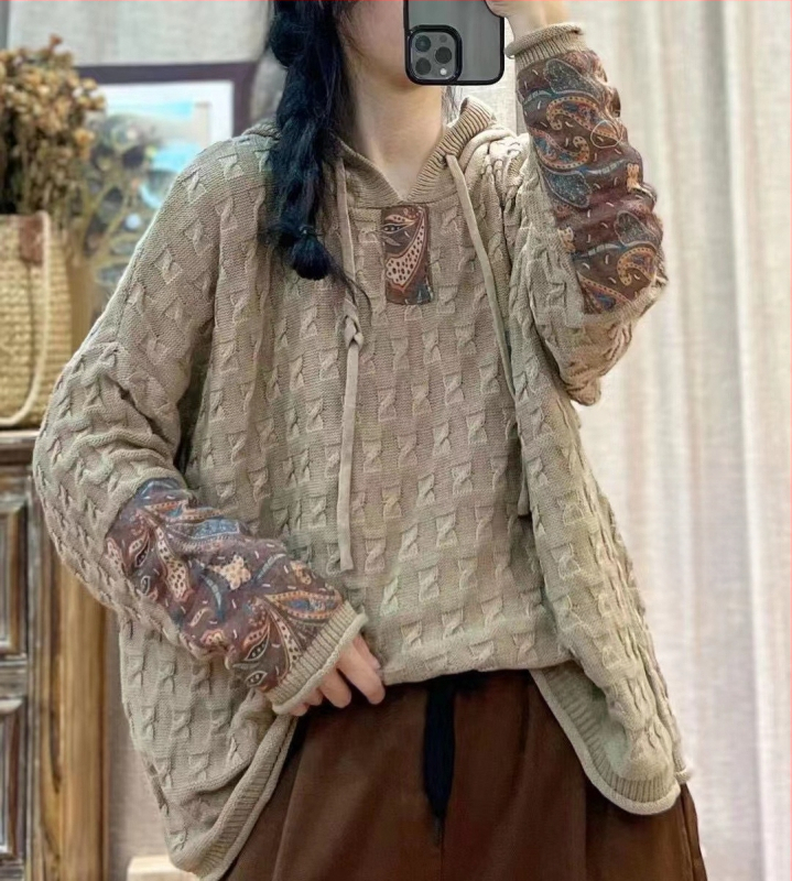 Húzózsinóros Kapucnis Pamut Kötött Pulóver Női Laza Húsdarabos Tavaszi és Őszi Új Retro Művészi Hétköznapi Hosszú Ujjú Felső