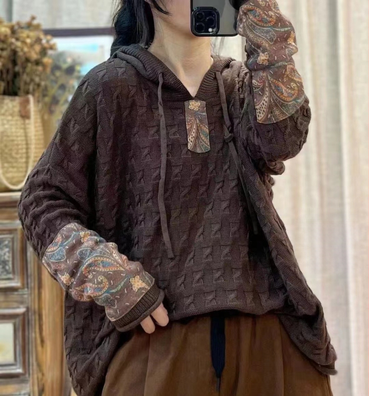 Húzózsinóros Kapucnis Pamut Kötött Pulóver Női Laza Húsdarabos Tavaszi és Őszi Új Retro Művészi Hétköznapi Hosszú Ujjú Felső