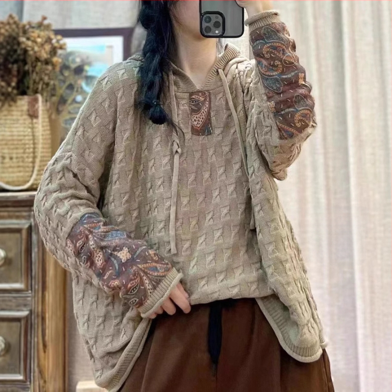 Húzózsinóros Kapucnis Pamut Kötött Pulóver Női Laza Húsdarabos Tavaszi és Őszi Új Retro Művészi Hétköznapi Hosszú Ujjú Felső