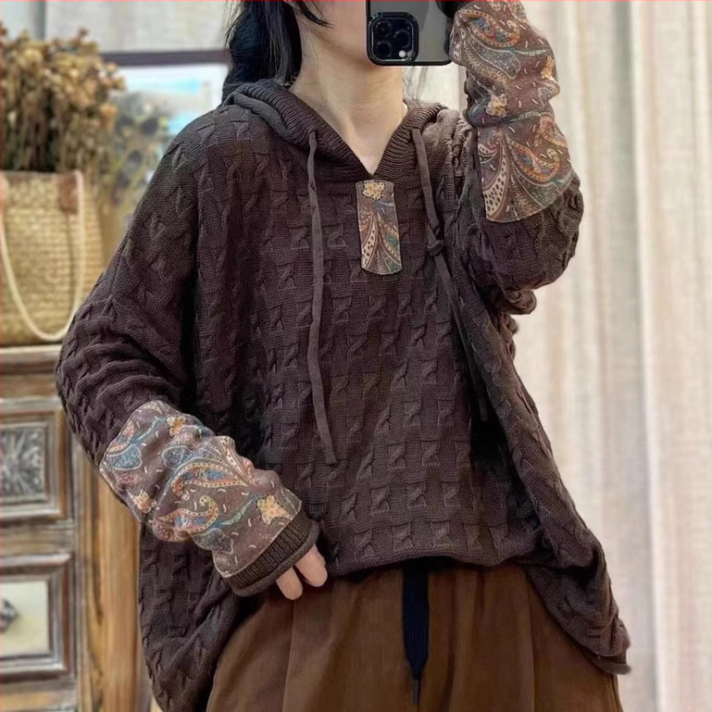 Húzózsinóros Kapucnis Pamut Kötött Pulóver Női Laza Húsdarabos Tavaszi és Őszi Új Retro Művészi Hétköznapi Hosszú Ujjú Felső