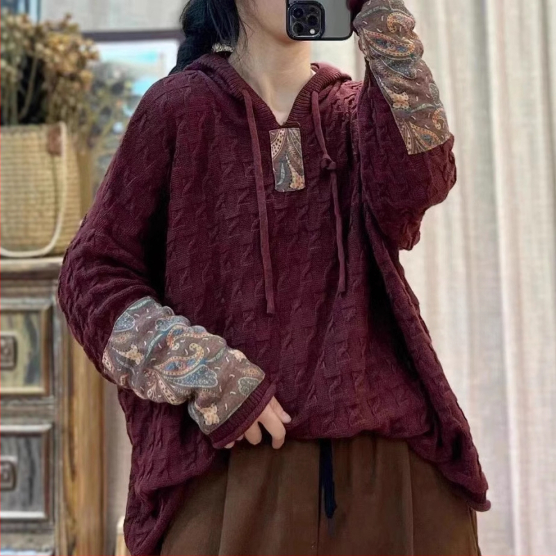 Húzózsinóros Kapucnis Pamut Kötött Pulóver Női Laza Húsdarabos Tavaszi és Őszi Új Retro Művészi Hétköznapi Hosszú Ujjú Felső