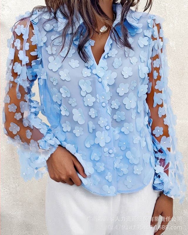 LZR18221 külkereskedelmi női világoskék, háromdimenziós, virágmintás, hálós, lámpásos ujjú ing