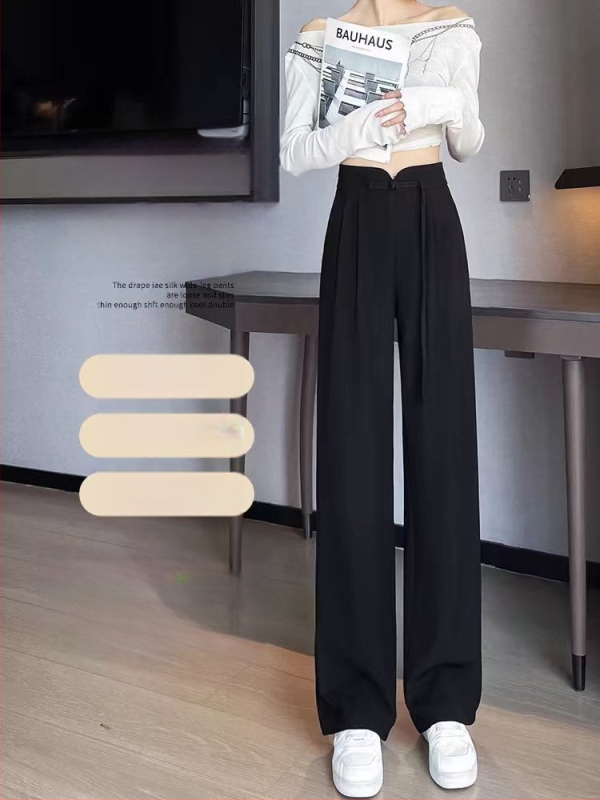 Guofeng csatos fekete nadrág női tavaszi és őszi dizájn magas derekú, mártott, egyenes, laza, lezser, keskeny, bő szárú nadrág