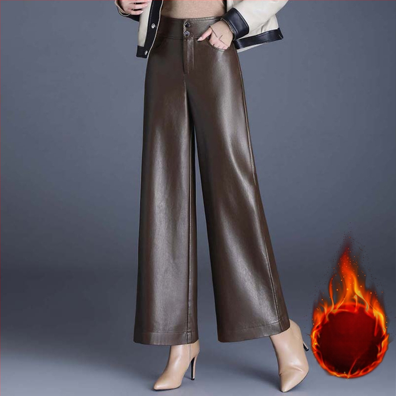 Divatos barna bőrnadrágok, elegáns bő szárú női nadrágok, 2025 új tavaszi és őszi culotte-ok, bő szárú nadrágok anyukáknak, hosszú nadrágok
