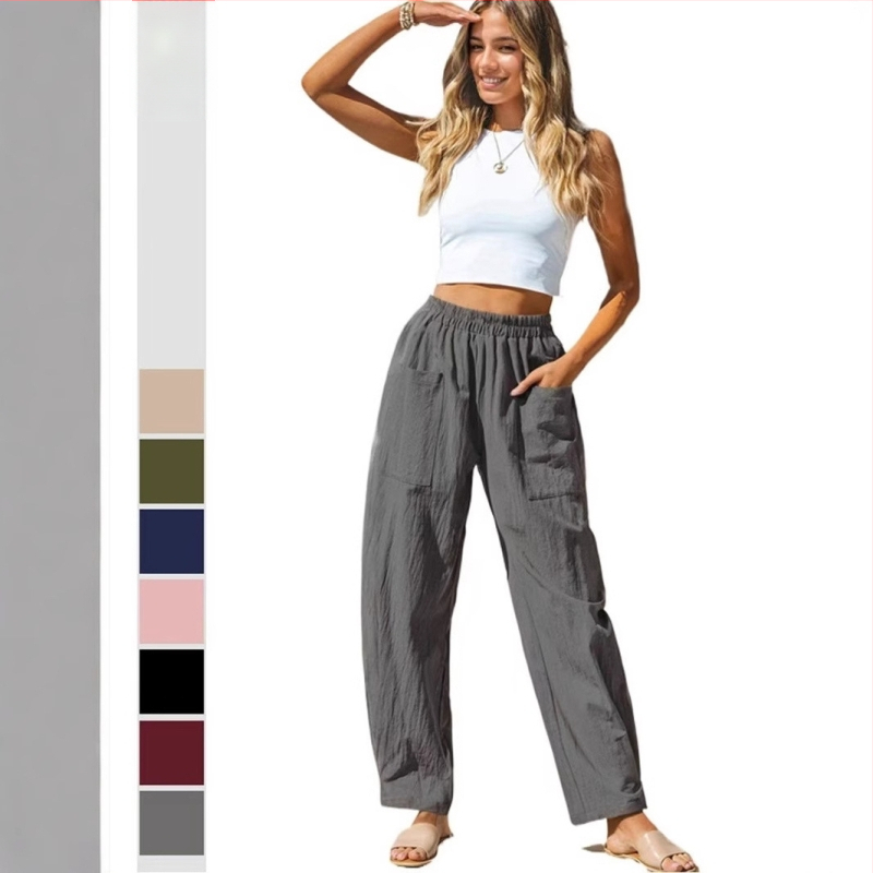 Európai és amerikai export női ruházat Amazon 2024 női pamut és lenvászon alkalmi nadrág ünnepi stílusú rugalmas derékú banánnadrág rakománytáska