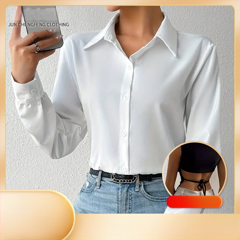 Európai és amerikai népszerű női ruházat, karcsú, hosszú ujjú, gombos felsők hajtókával, utcai sokoldalú alsó pólók nagykereskedelemben