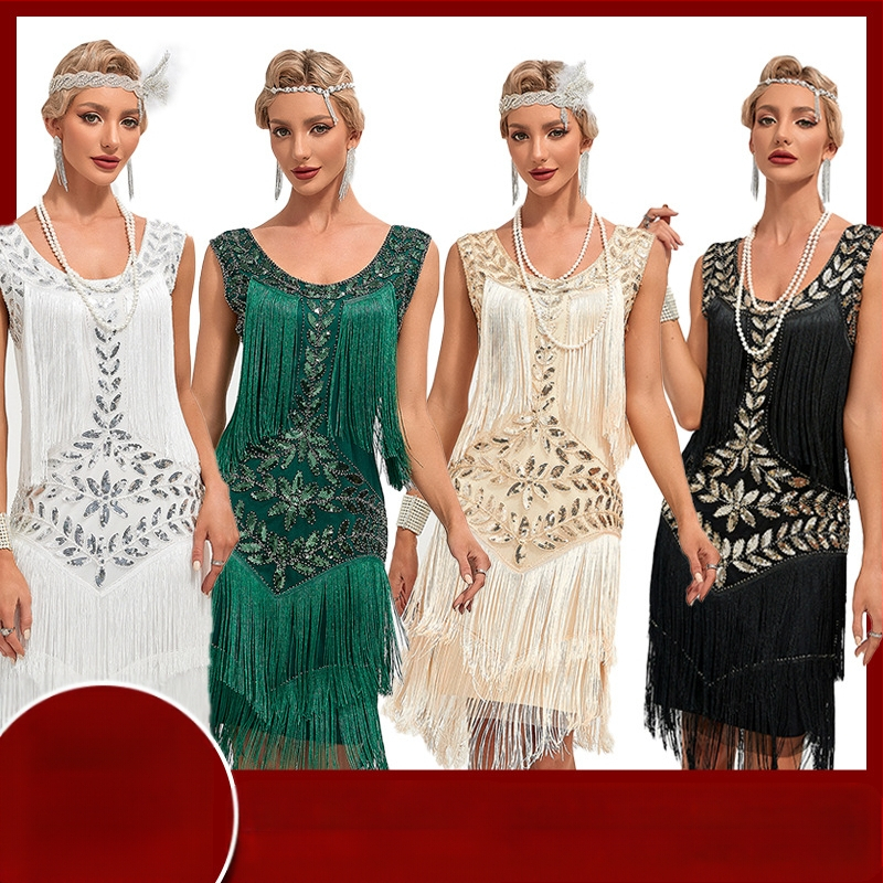 Europska i američka vintage Gatsby balska haljina iz 1920., plesna suknja, okrugli izrez, šljokičasta perlica, izvezena resasta prsluk, plus size haljina