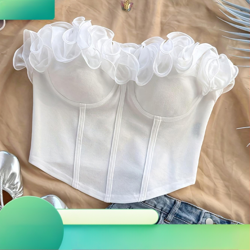 Valódi kép a 2025-ös elegáns és elegáns sztereó virágmintás Pure Desire csőmellényről, kívül és belül is viselve, karcsúsított, szexi felsővel.