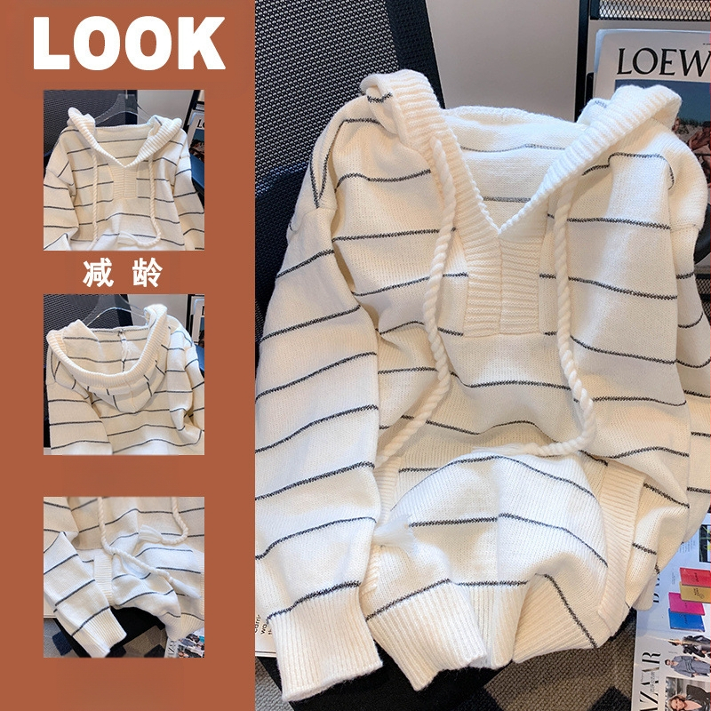 Plus size női csíkos kapucnis kötöttáru lusta fazonú pulóverkabát női tavaszi pufók lányos univerzális hosszú ujjú felső őszi