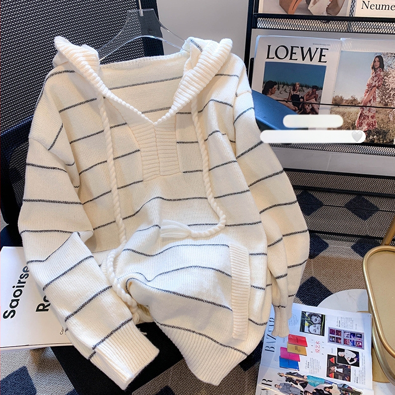 Plus size női csíkos kapucnis kötöttáru lusta fazonú pulóverkabát női tavaszi pufók lányos univerzális hosszú ujjú felső őszi
