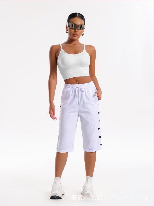 CrossBorder női rövidnadrág, divatos, lezser strandnadrág, háromnegyedes rövidnadrág rugalmas derékkal, húzózsinórral és gombdíszítéssel