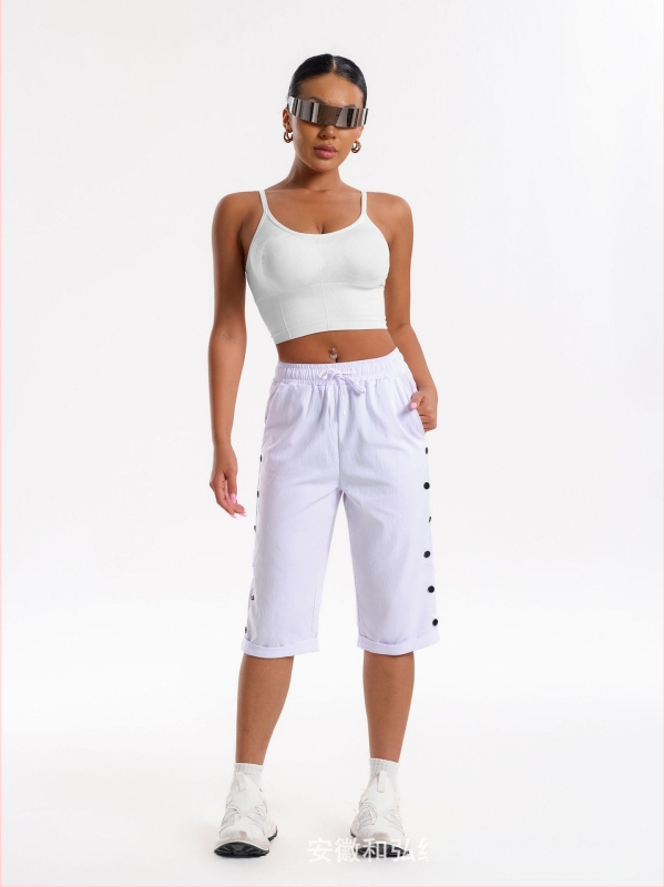 CrossBorder női rövidnadrág, divatos, lezser strandnadrág, háromnegyedes rövidnadrág rugalmas derékkal, húzózsinórral és gombdíszítéssel