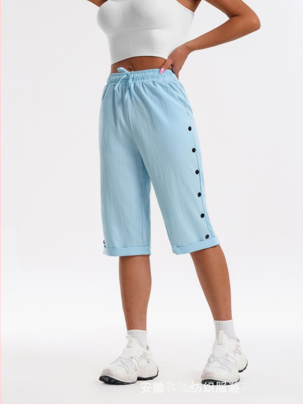 CrossBorder női rövidnadrág, divatos, lezser strandnadrág, háromnegyedes rövidnadrág rugalmas derékkal, húzózsinórral és gombdíszítéssel