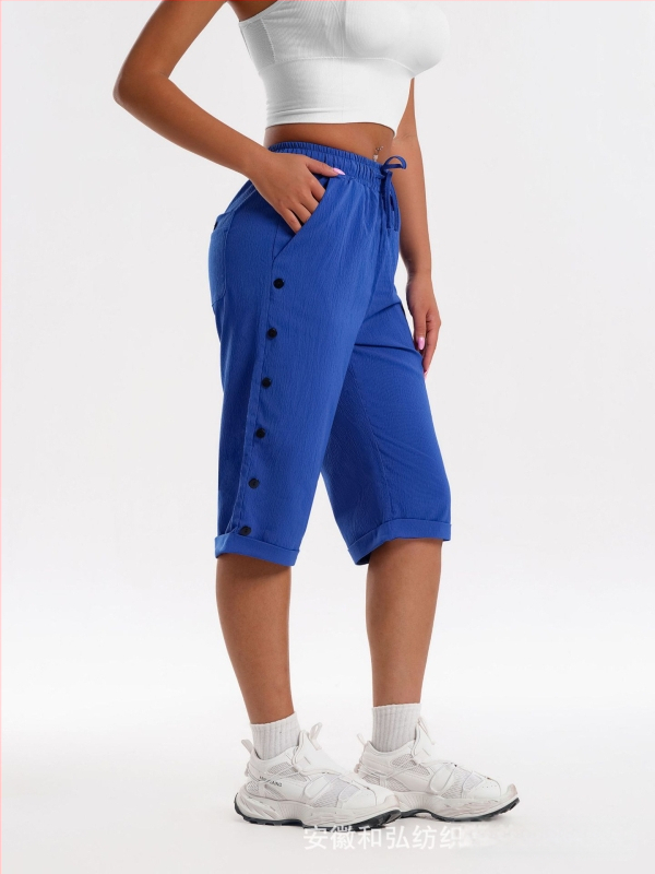 CrossBorder női rövidnadrág, divatos, lezser strandnadrág, háromnegyedes rövidnadrág rugalmas derékkal, húzózsinórral és gombdíszítéssel