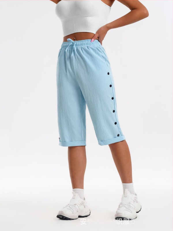 CrossBorder női rövidnadrág, divatos, lezser strandnadrág, háromnegyedes rövidnadrág rugalmas derékkal, húzózsinórral és gombdíszítéssel