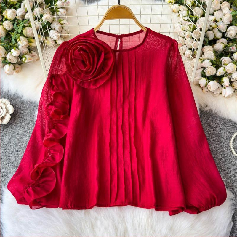 Francia udvari stílusú ing, tavaszi ing 2025, új, csúcskategóriás, Sense háromdimenziós, virágmintás, hálós, laza, karcsúsító felső