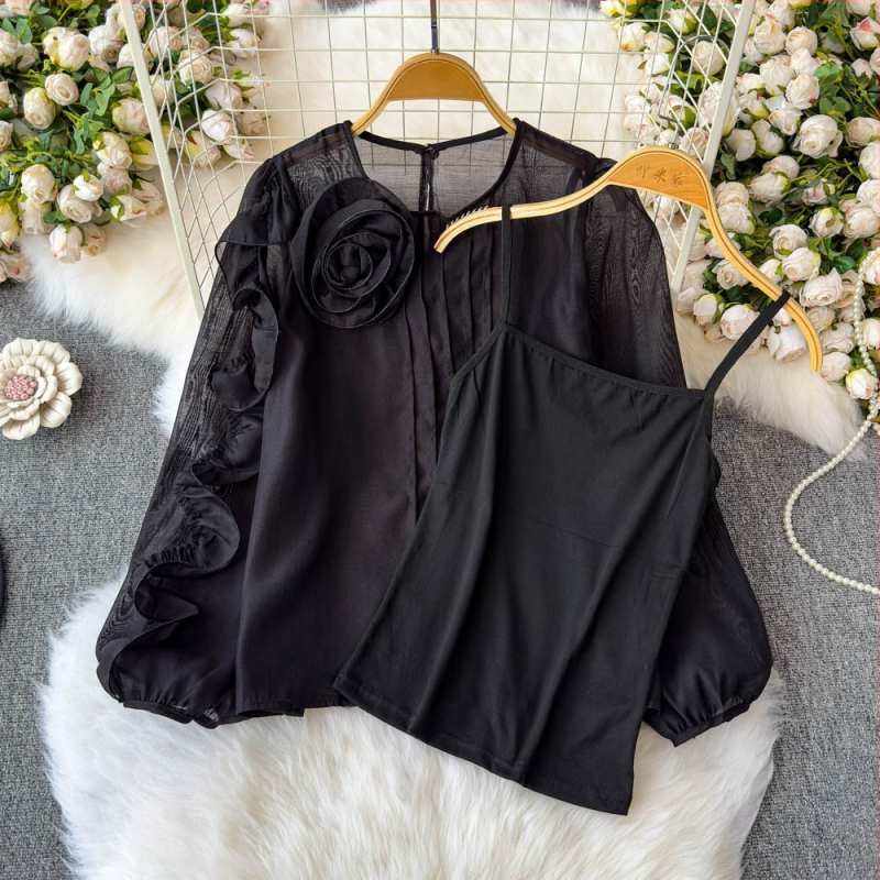 Francia udvari stílusú ing, tavaszi ing 2025, új, csúcskategóriás, Sense háromdimenziós, virágmintás, hálós, laza, karcsúsító felső