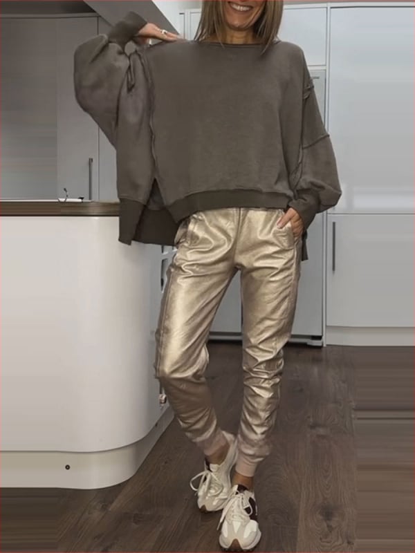 2025 m. „Amazon Independent Station“ Europos ir Amerikos tarpvalstybiniai moteriški drabužiai su šoniniu skeltuku, laisvalaikio palaidinė su mažais kampais kelnėmis moterims