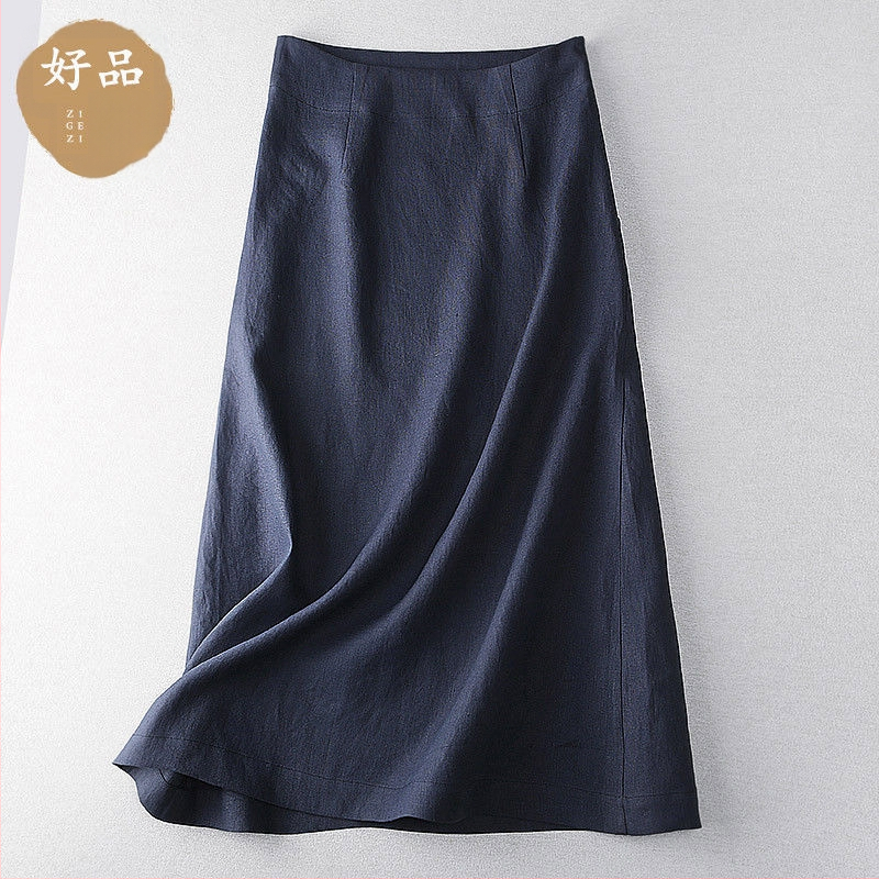 A leárazás nem fakul ~ lezser Zen Barna A-vonalú szoknya Női tavaszi és őszi új lenvászon középhosszú szoknya