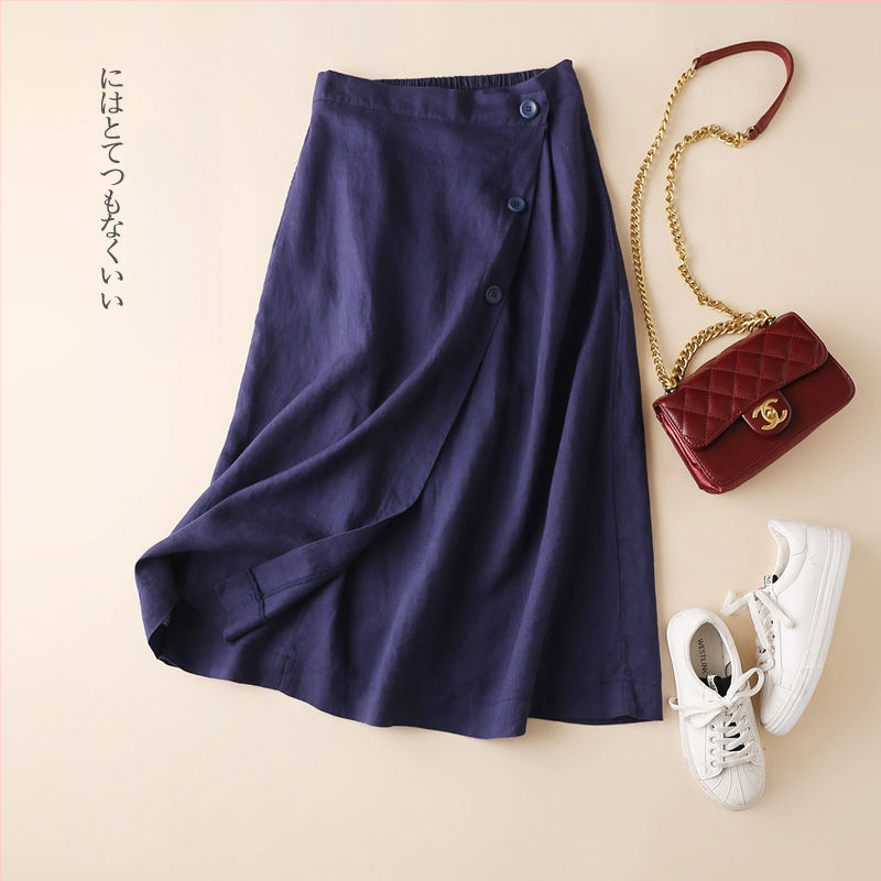 A leárazás nem fakul ~ lezser Zen Barna A-vonalú szoknya Női tavaszi és őszi új lenvászon középhosszú szoknya