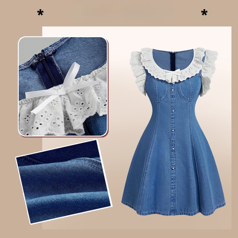 Nyári újdonság, farmerpántos szoknya, színátmenetes színű, csipkeujjas midi ruha, divatos, vintage