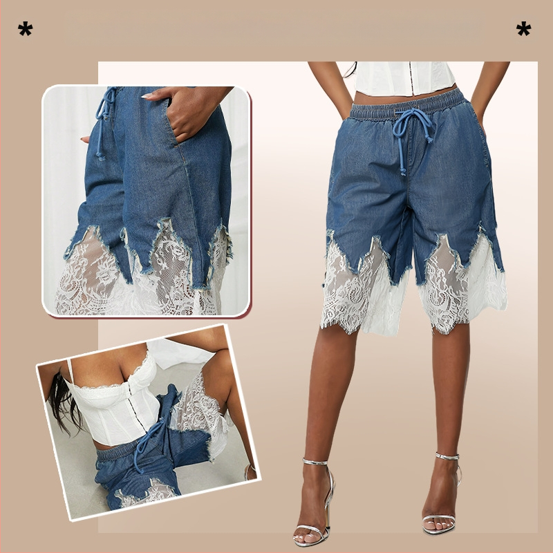 2025 tavaszi/nyári bő szárú nadrágok európai és amerikai niche csipke farmer rövidnadrágok karcsúsító lezser sokoldalú