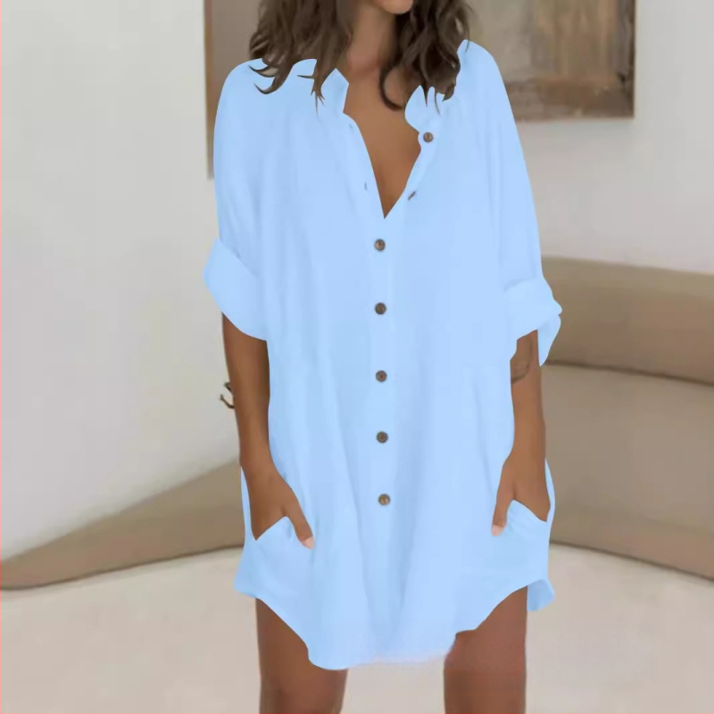 2024-es női őszi hajtókás, egysoros, dupla zsebes, rövidített ujjú, hosszú ujjú, V-nyakú, elegáns ing