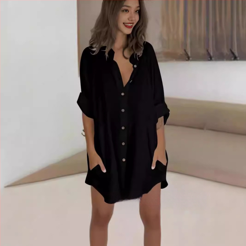 2024-es női őszi hajtókás, egysoros, dupla zsebes, rövidített ujjú, hosszú ujjú, V-nyakú, elegáns ing