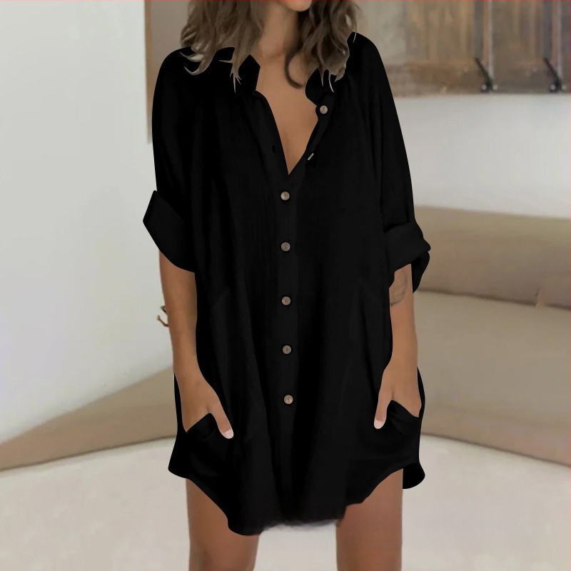 2024-es női őszi hajtókás, egysoros, dupla zsebes, rövidített ujjú, hosszú ujjú, V-nyakú, elegáns ing