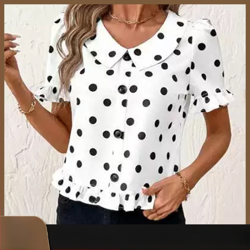 Fodros sifon ing Női rövid ujjú 2025-ös nyári új felső babagallérral édes lányos pöttyös ing