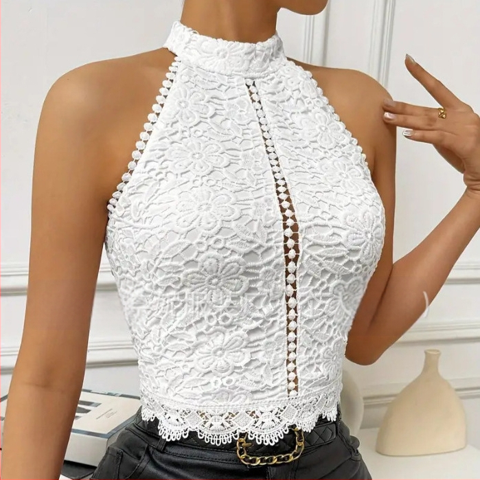 2025-ös európai és amerikai határokon átnyúló Amazon-os, szexi csipkés, üreges nyakú, ujjatlan, csipkés felső.