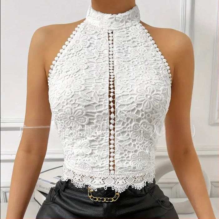 2025-ös európai és amerikai határokon átnyúló Amazon-os, szexi csipkés, üreges nyakú, ujjatlan, csipkés felső.