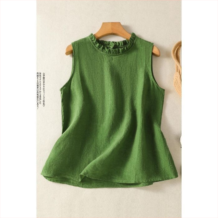 Retro pamut és lenvászon tiszta színű mellény felső nőknek, ujjatlan nyári új felsőruházat, gomba alakú gallér, western stílusú nagy méretű ing