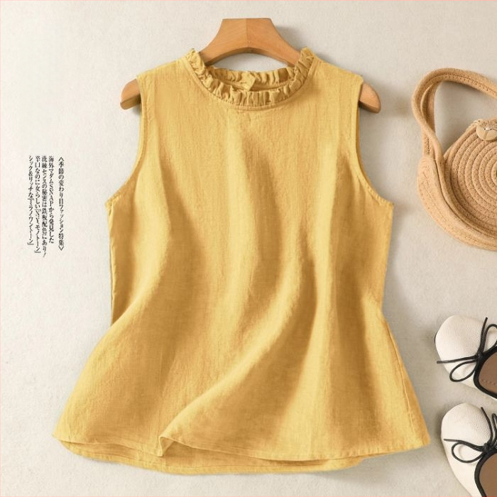 Retro pamut és lenvászon tiszta színű mellény felső nőknek, ujjatlan nyári új felsőruházat, gomba alakú gallér, western stílusú nagy méretű ing