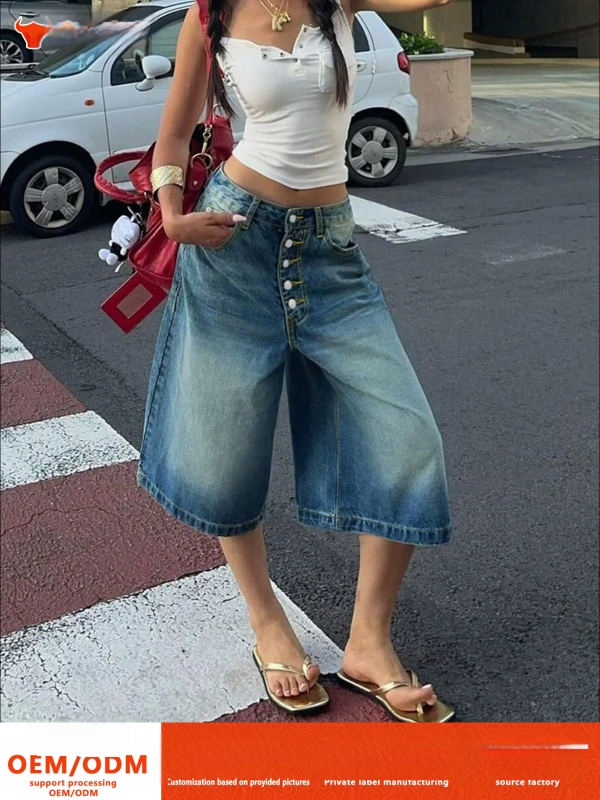 Határokon átnyúló külkereskedelem Amazon európai és amerikai többsoros farmernadrág nőknek Laza és sokoldalú, lezser, egyenes szárú, ötnegyedes nadrág