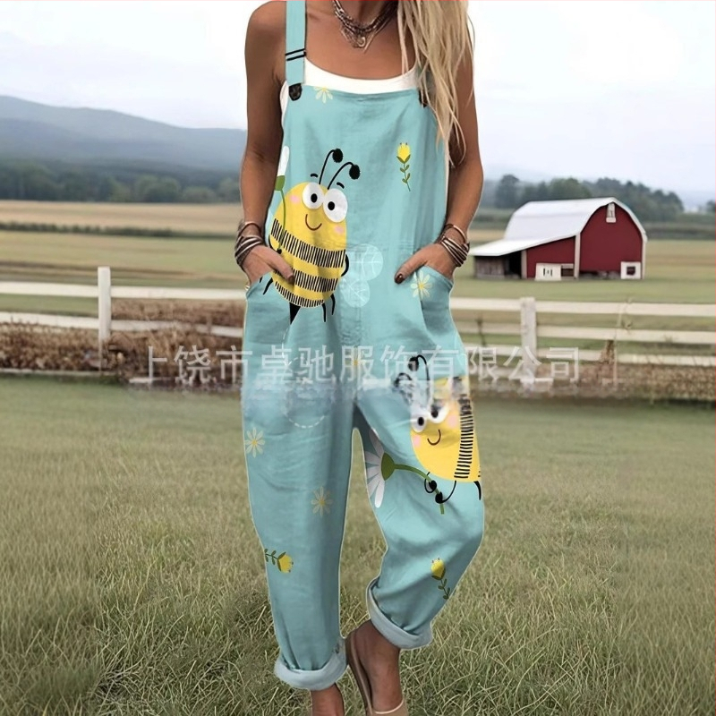 2025 Határokon átnyúló új női ruházat Amazon európai és amerikai nyári 3D nyomtatott gombos nadrágtartók alkalmi nadrágtartók