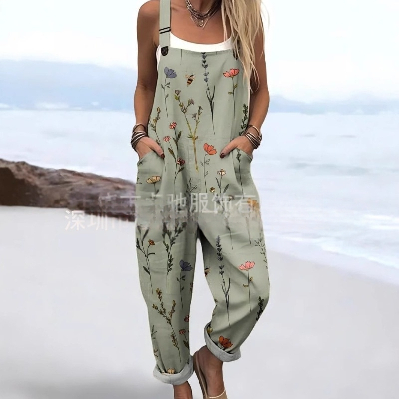 2025 Határokon átnyúló új női ruházat Amazon európai és amerikai nyári 3D nyomtatott gombos nadrágtartók alkalmi nadrágtartók