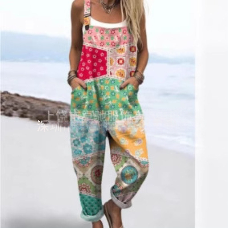 2025 Határokon átnyúló új női ruházat Amazon európai és amerikai nyári 3D nyomtatott gombos nadrágtartók alkalmi nadrágtartók