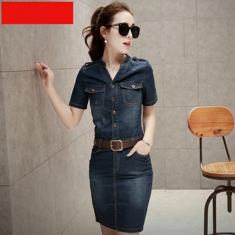 2024 m. pavasario ir vasaros nauja korėjietiško stiliaus vidutinio ilgio džinsinė suknelė, liekninamasis apklotas, trumpomis rankovėmis, džinsinis sijonas moterims.